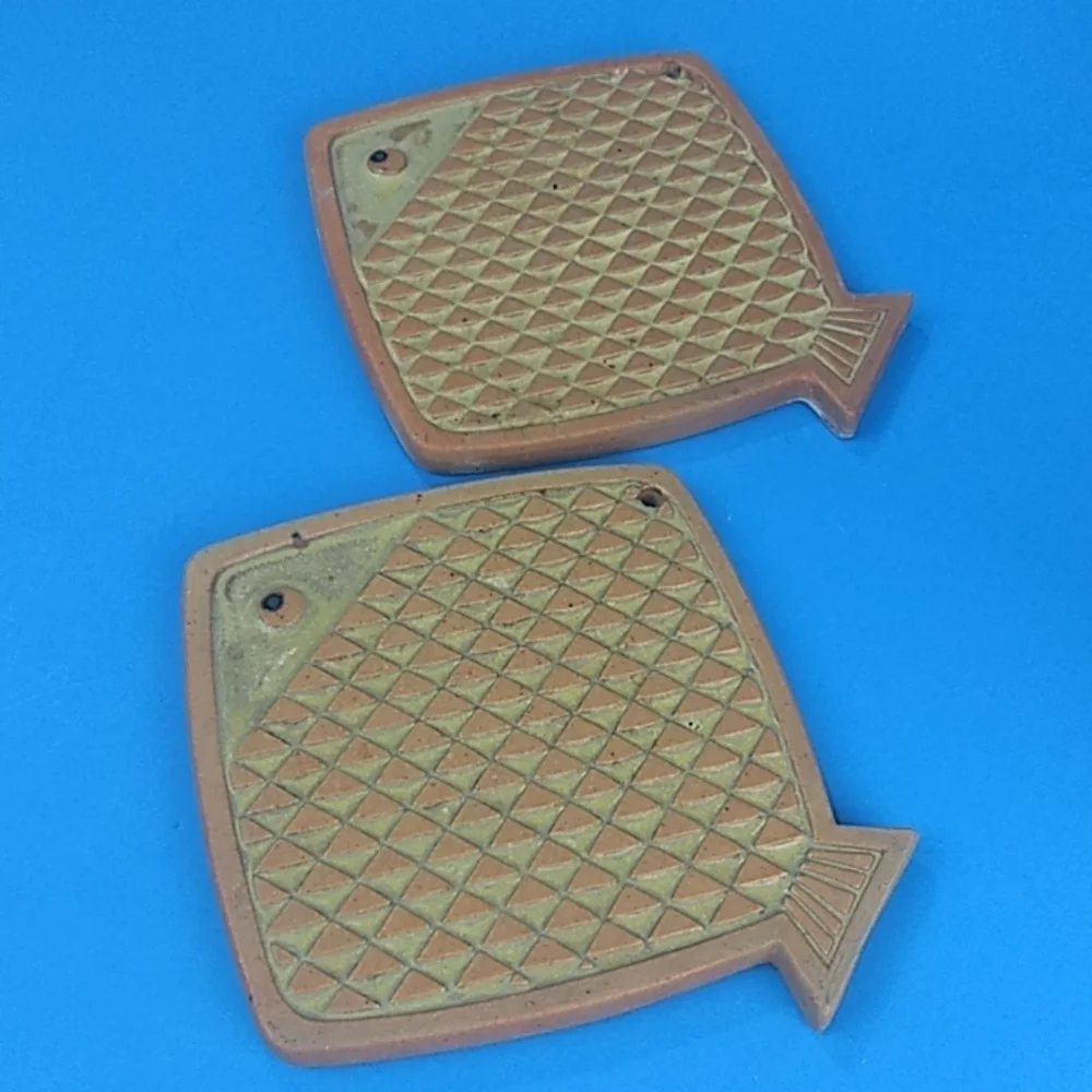 1970s Handmade Fire glazed fish pottery set OF 2 Fish Shaped Trivets